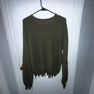 True Craft Olive Knit Distressed Crewneck Sweater